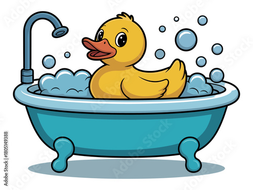 A cartoon yellow rubber ducky in a blue bathtub with bubbles around it
