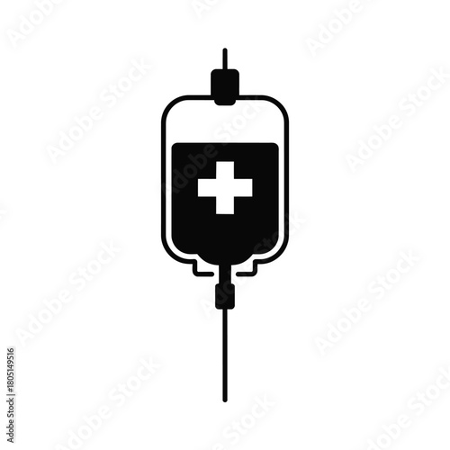 A black and white graphic of an IV drip bag with a plus sign.