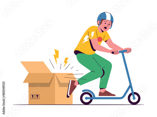 Man on scooter kicking a box with lightning bolts coming from the box