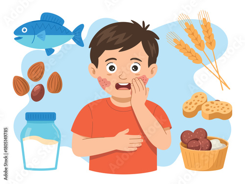 Boy with allergic reaction surrounded by common food allergens images