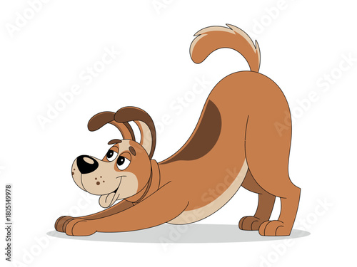 Cartoon dog stretching with brown fur and tail on a white background