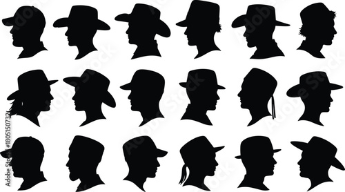 Silhouette set of men wearing hats, male profile heads with caps, cowboy hat vector collection, fashion accessories illustration.
