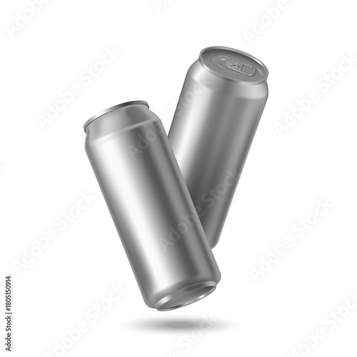 Aluminum drink two cans floating, vector realistic blank metallic tin can drink beer, soda, water, juice package mock up