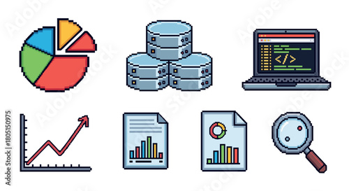 Collection of pixel art icons representing data analysis, database management, and programming, including charts, graphs, a laptop with code, and a server set
