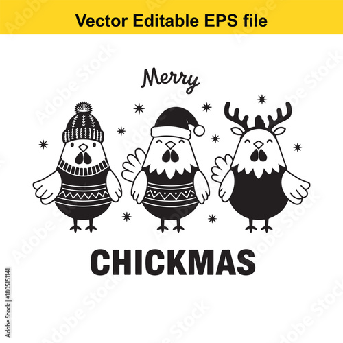 Three cute cartoon chickens wearing winter hats and sweaters, one with reindeer antlers, celebrating chickmas with snowflakes and text, isolated on