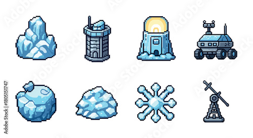 Pixelated 8-bit style icon set for a science fiction game, showing an arctic outpost, exploration vehicle, ice asteroid, and other frozen environment elements