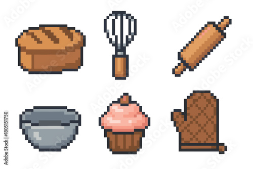 Retro 8-bit pixel art set of baking and cooking icons featuring a loaf of bread, cupcake, whisk, rolling pin, mixing bowl, and oven mitt, presented as a collection