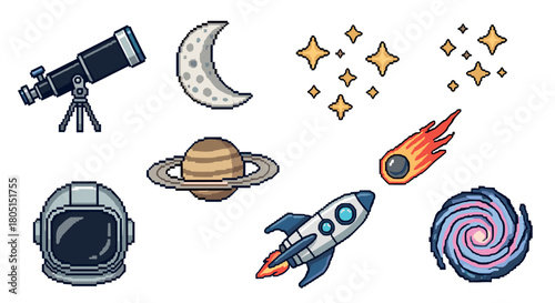Charming collection of space and astronomy icons in a retro pixel art style, featuring a rocket, planet, telescope, and astronaut helmet