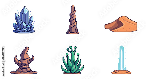 Collection of pixel art game assets for a fantasy environment, featuring a magic crystal, rock formations, a sand dune, an alien plant, and a geyser