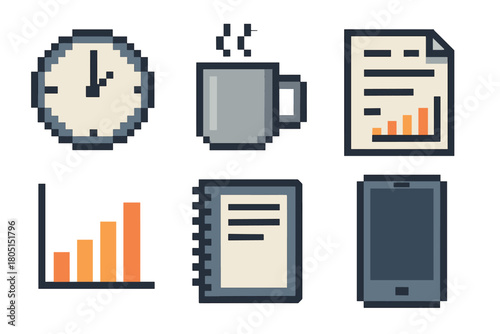 Pixelated business and office icon set featuring a clock, coffee mug, financial report, growth chart, notepad, and mobile phone in a retro video game style illustration