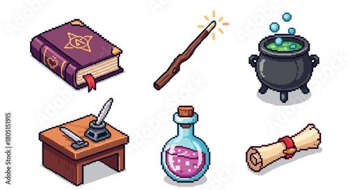 Isometric pixel art collection of magical items for a fantasy game, featuring a spellbook, glowing wand, bubbling cauldron, potion bottle, and ancient scroll