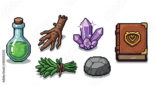 Set of magical alchemy ingredients and wizard items in a retro pixel art style, featuring a spellbook, potion, root, crystal, herbs, and stone for a fantasy video game