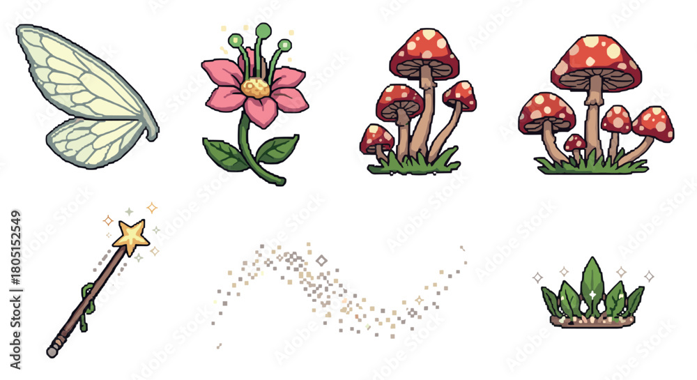 Naklejka premium Charming collection of fantasy pixel art icons, including fairy wings, a magic wand, mushrooms, a flower, and a leaf crown