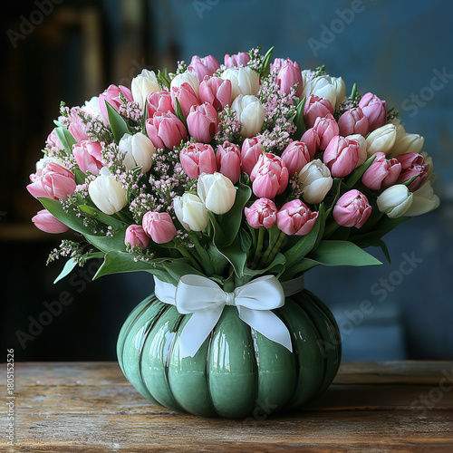 3d beautiful bouquet burgundy red tulips arranged in green cabbage vase, placed on a white cake stand.