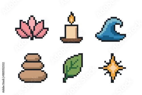 Collection of pixel art icons representing nature, wellness, and spirituality, including a lotus, candle, wave, stacked stones, leaf, and star