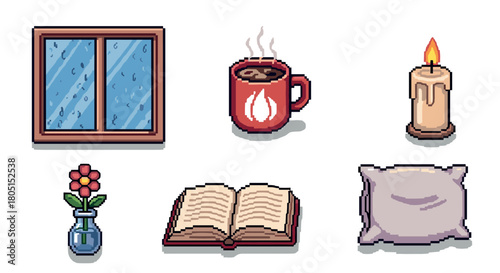 Charming set of pixel art icons representing a cozy and relaxing mood, with a rainy window, hot drink, candle, book, flower, and pillow