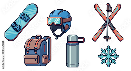 Colorful collection of winter sports equipment including a snowboard, skis, helmet, and backpack, rendered in a retro pixel art style and
