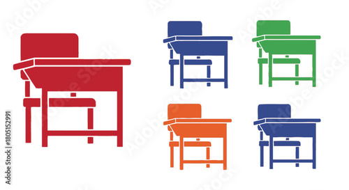 Colorful school desk and chair set icons in various shades arrayed