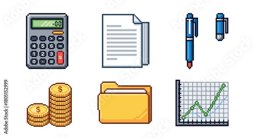 Collection of business and finance icons in a retro pixel art style, including a calculator, document, pen, coins, folder, and growth chart