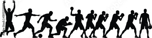 Sports silhouettes vector set, soccer football players kicking ball, basketball athletes dribbling and holding ball, action figures collection