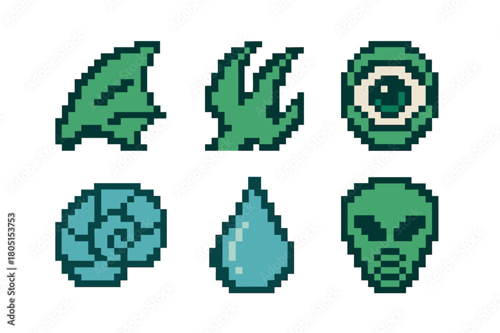 Fototapeta premium Set of retro 8-bit pixel art game assets featuring fantasy and sci-fi elements like an alien, eyeball, shell, and water droplet, designed for a vintage video game interface