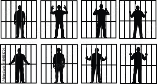 Silhouette set of prisoner standing behind metal bars, male criminal in jail cell, incarceration concept vector illustration collection