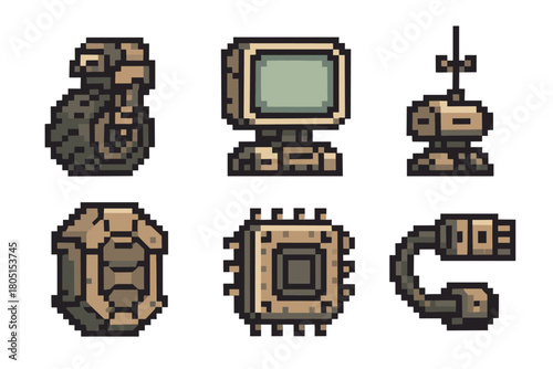 Set of six pixel art icons featuring retro technology and sci-fi elements, including a computer monitor, CPU, and robotic parts