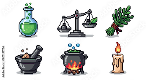 Collection of pixel art icons featuring magical alchemy items like a cauldron, potion, scales, herbs, and a candle