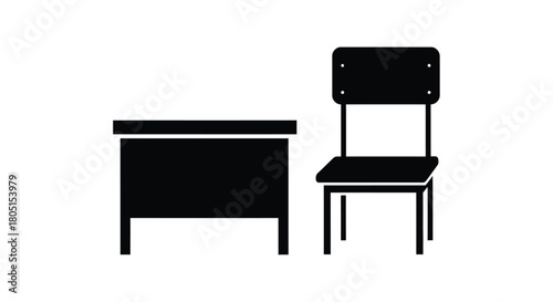 Simple black silhouette of a desk and chair classroom or study furniture