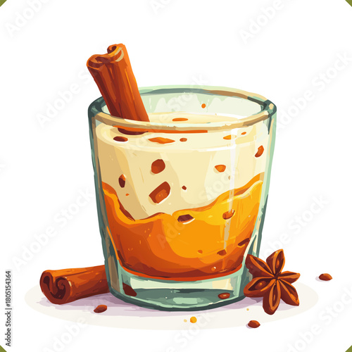 Vector illustration of a glass of eggnog with cinnamon stick, nutmeg, spices, isolated on a white background. Vector illustration of winter beverage on white background