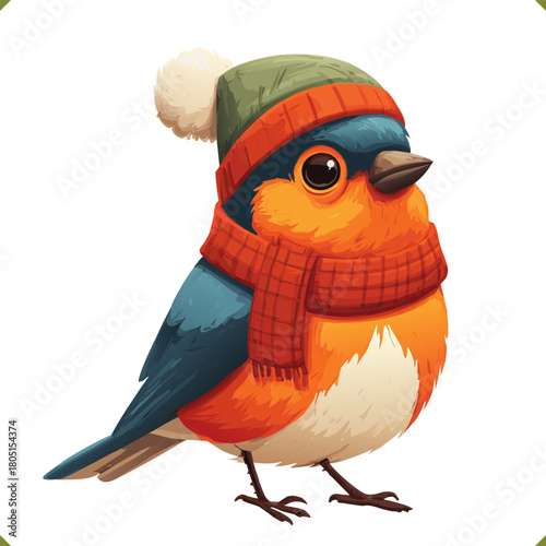 Vector illustration of bullfinch wearing warm hat and scarf, isolated on a white background