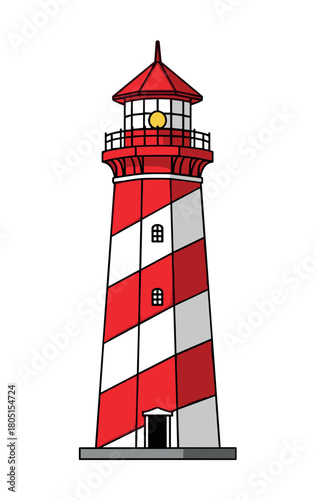 Classic red and white striped lighthouse illustration with a glowing beacon