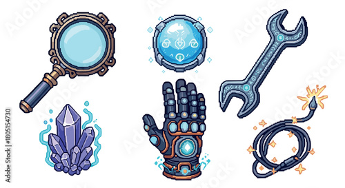 Collection of pixel art icons for a fantasy or sci-fi video game, including a magnifying glass, crystal, robotic gauntlet, wrench, magic orb, and fuse
