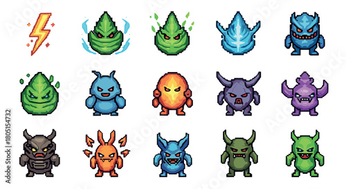 Set of pixelated fantasy game characters, including various monsters, demons, and elemental creatures designed as retro 8-bit sprites for an arcade-style video game