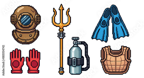 Retro 8-bit pixel art collection of underwater adventure and diving gear, including a vintage helmet, golden trident, scuba tank, and flippers