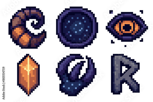 Vibrant pixelated asset pack of various fantasy and magic elements like a glowing crystal, a demonic horn, and a cosmic eye, designed for a retro-style video game or application