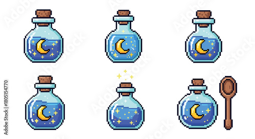 Charming pixel art set of magical potion bottles with cork stoppers, containing a sparkling celestial blue liquid with a crescent moon and stars
