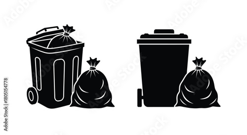 Black and white illustration depicting trash cans and garbage bags