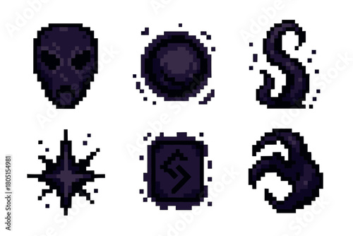 Set of dark magic spell icons in a pixel art style, featuring a mysterious mask, void orb, shadow tentacle, and ancient rune