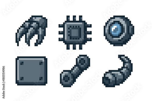 Collection of pixel art icons featuring various metallic robot parts and electronic components, such as a claw, microchip, and optical sensor, for a sci-fi video game
