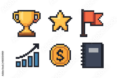 Pixel art icon set for gamification and business success concepts, featuring a winner's trophy, rating star, goal flag, financial growth chart, dollar coin, and notebook