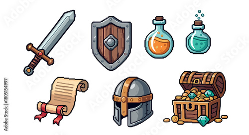 Set of classic fantasy adventure video game icons featuring a sword, shield, helmet, potions, scroll, and treasure chest in a colorful pixelated art style