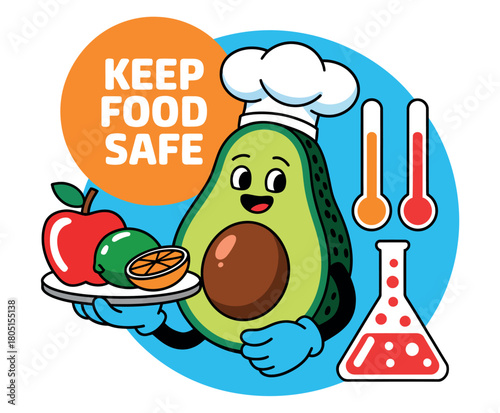 An anthropomorphic avocado character wearing a chef's hat promotes food safety concepts.