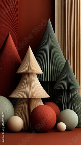 Colorful Paper Trees and Decorative Balls Arranged in a Festive Display for H...