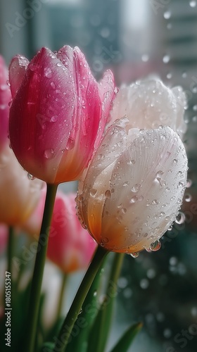 Fresh Tulips With Water Droplets Near a Window on a Rainy Day in Spring