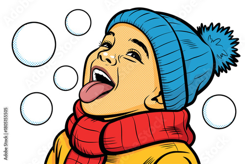A child with a blue hat and red scarf catches snowflakes on their tongue.