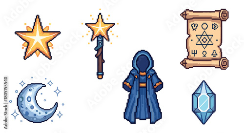 Set of pixel art icons for a fantasy video game, featuring a mage's cloak, a star wand, a magic scroll, a crescent moon, a shining star, and a blue crystal on a white background