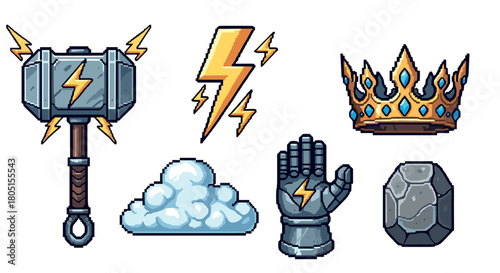 Collection of pixel art fantasy icons for a video game, including a thunder hammer, lightning bolt, royal crown, gauntlet, cloud, and stone