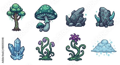 Collection of fantasy nature elements in a pixel art style, featuring a magical tree, glowing mushrooms, enchanted rocks, crystals, and alien plants for a retro video game design
