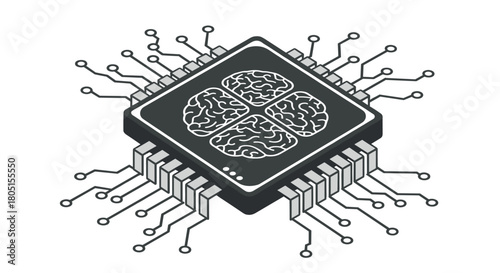 Isometric monochrome vector illustration of a computer microprocessor with a brain icon, symbolizing artificial intelligence, machine learning, and advanced computing technology